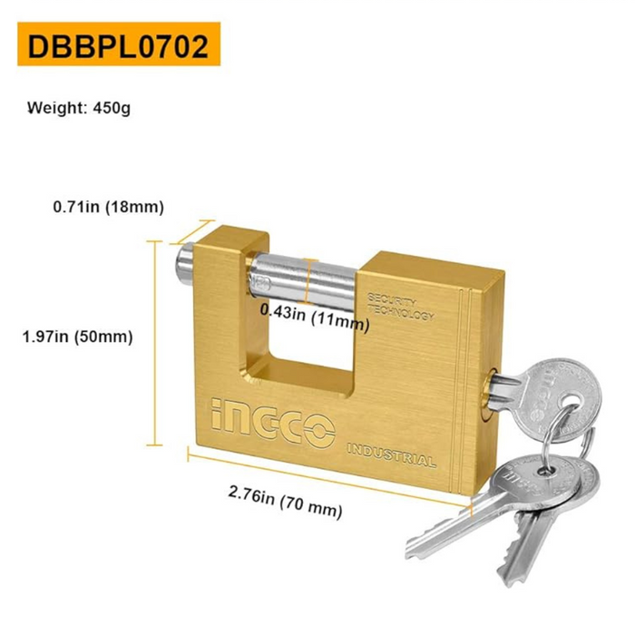 Lucchetto rettangolare ottone massiccio cilindro acciaio 3 chiavi sicurezza *** lunghezza 70 mm, confezione 1