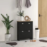 Scarpiera con 2 Ante Ribaltabili, 2 Scomparti, Maniglie a Conchiglia in Metallo, 79 x 23 x 90,5 cm, Nero e Rovere