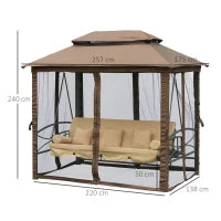 Dondolo 3 Posti da Giardino Convertibile in Lettino con Gazebo, con Zanzariera e Cuscini, 257x175x240cm Cachi