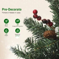 Albero di Natale Illuminato con 150 Luci LED, 30 Pigne e 30 Grappoli di Bacche, Ø60x150 cm, Verde e Argento
