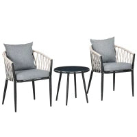 Set da Giardino 2 Persone da 3 Pezzi, 2 Poltrone con Cuscini, Tavolino Rotondo con Piano in Vetro Temperato, Corda Intrecciata, Grigio