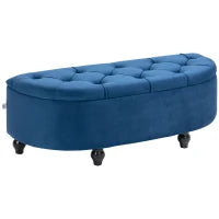 Pouf Contenitore 2 in 1, Panca Fondo Letto Imbottita a Semicerchio, Gambe in Legno di Gomma, Rivestimento in Velluto, Blu