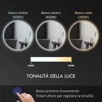 kleankin Specchio Bagno con Luci LED Regolabili, Interruttori Touch e Design Antiappannamento, Ø60 cm
