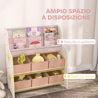 Scaffale Portagiochi con 6 Cassetti in Tessuto e Libreria a 2 Livelli, in Legno e Acciaio, 63x30x71 cm, Rosa