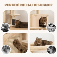 Albero per Gatti Multilivello Alto 104 cm con Casetta, Lettino, Pali Tiragraffi, Spazzola e Pallina, Beige