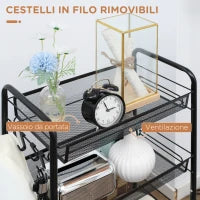 Carrello da Cucina a 4 Ripiani Rimovibili con 4 Ganci e Ruote, in Acciaio e Plastica PP, 45x26.5x84 cm, Nero