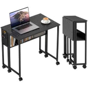 Scrivania Pieghevole Salvaspazio a Ribalta con Scaffale, Tasca Portaoggetti e Ruote, Nero