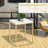 Tavolino da Caffè per Casa e Giardino in Metallo con Effetto Marmo, 40x40x50cm, Oro