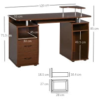Scrivania per Computer Moderna Porta PC in Legno con Cassetti, Scrivania Salvaspazio Con Libreria, Mensola Estraibile e Porta Tastiera, 120x55x85cm, Marrone
