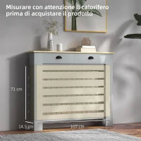 Copritermosifone in MDF a Doghe, Copricalorifero a Griglia con 2 Cassetti, 111x19x95.5 cm, Grigio