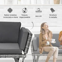 Divano da Giardino 2 Posti in Rattan con Imbottitura e Braccioli Ribaltabili, 129x63x67cm, Grigio