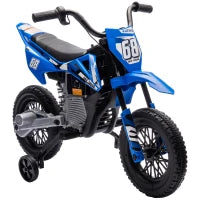 Moto Elettrica per Bambini con Rotelle Rimovibili, Sospensioni, Suoni e Indicatore di Carica, Blu