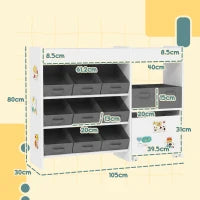 Scaffale per giocattoli e per libri con 11 cesti in tessuto non tessuto 105 x 30 x 80 cm Bianco