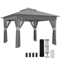 Gazebo da Giardino ad Altezza Regolabile con Luci LED, in Acciaio e tessuto Oxford, 336x336x250-270 cm, Grigio
