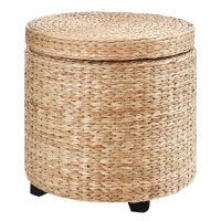 Pouf Contenitore Rotondo Stile Boho con Rivestimento Naturale, Tavolino da Salotto Ø43x43cm, Kaki