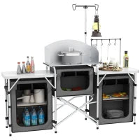 Cucina da Campeggio Pieghevole a 3 Piani con 5 Ripiani Interni e 4 Ganci, 172x48x119 cm, Grigio e Argento