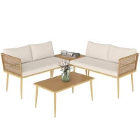 Set Salotto da Esterno in Rattan PE con 2 Divani a 2 Posti con Cuscini e 2 Tavoli da Caffè, Colore Legno