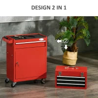DURHAND Carrello Porta Attrezzi 2 in 1 con Cassetta Rimovibile e Armadietto con Chiave in Acciaio, Rosso