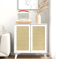 Buffet alto mobile da archiviazione design bohémien doppie porte con 2 livelli, facciata in rattan 80 x 40 x 85 cm bianco