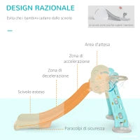 Scivolo per Bambini da 18 Mesi Pieghevole con 3 Scalini e Canestro Basket, 140x87x75cm, Blu e Grigio