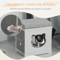 Cuccia Casetta per Gatti in Legno con 2 Cuscini e Tiragraffi Rimovibili, Grigio, 41x30x36cm