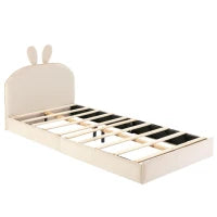 Letto imbottito con testiera a forma di coniglio, letto per bambini con doghe in legno, senza materasso, 90×200 cm, Beige