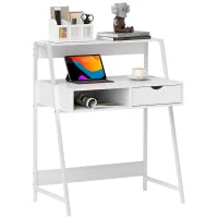 Scrivania per Computer Stile Neo-Rétro con Cassetto, Vano e Mensola, in Metallo, Bianco