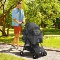 Passeggino per Cani 3 in 1 Convertibile in Borsa e Trasportino con Guinzaglio e Cuscino, Grigio