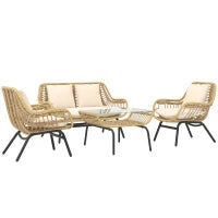 Set da Giardino 4 Pezzi in Rattan PE e Metallo con Divanetto, 2 Sedie e Tavolino da Caffè, Beige