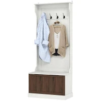 Mobile Appendiabiti 3 in 1 con 4 Ganci e Panca Contenitore, in Legno, 71.5x39.5x170 cm, Bianco