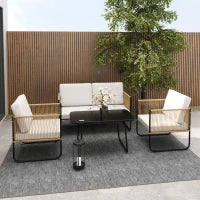 Set da Giardino 4 Pezzi in Rattan e Acciaio con Divanetto, 2 Poltrone da Esterno e Tavolino Basso, Multicolore