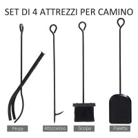 Portalegna da Interno ed Esterno in Metallo con Paletta, Scopa, Attizzatoio e Pinza, Nero, 84x33x76cm
