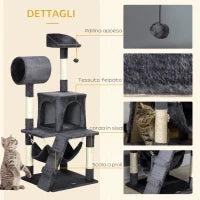 Albero per Gatti con Tiragraffi per Gatti, Casetta per Gatti, Amaca, Letto, Tunnel e Pallina, 48x48 x125 cm, Grigio Scuro