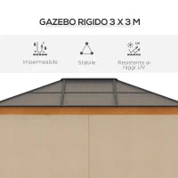 Gazebo da Giardino in Acciaio, Alluminio e Poliestere con Tetto in Policarbonato e Zanzariere, 2.94x3.60x2.67 m
