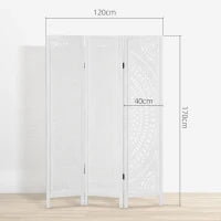 Separé Paravento da Interni Pieghevole a 3 Pannelli in Legno Intagliato, 120x170cm, Bianco
