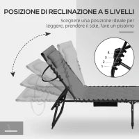 Set 2 Lettini Prendisole con Schienale Reclinabile e Tasca, in Acciaio e Poliestere, 65x188x36 cm, Grigio e Nero