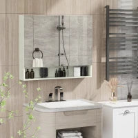 kleankin Armadietto con Specchio a 4 Sezioni con Ripiani Regolabili, Specchiera Bagno in Legno e Vetro, 90x15x75 cm, Bianco
