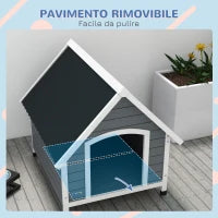 Cuccia per Cani in Legno da Esterno, Casetta per Cani Grandi con Pavimento Rimovibile, 84x99x87cm, Grigio
