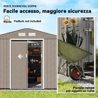 Capanno per Attrezzi in Acciaio con 4 Prese d'Aria e 2 Porte Scorrevoli, 277x195x192 cm, Marrone Chiaro