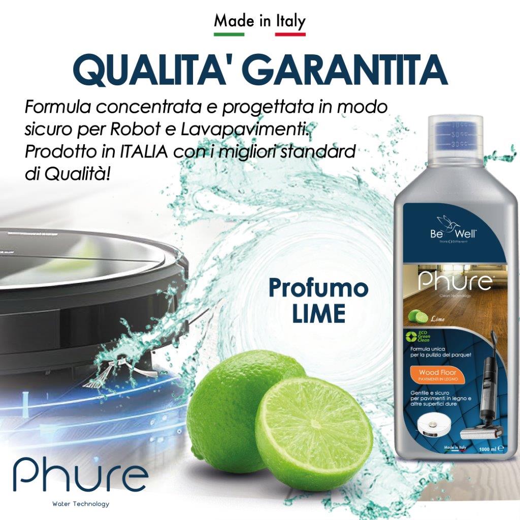 PHURE Detergente Concentrato per Robot Lavapavimenti e Aspirazione con Igienizzante Multisurface 1000ml pulizia senza aloni e sostenibile Adatto a tutti i Robot (LIME)