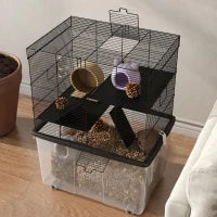 Gabbia per Criceti 3 Piani con Ruote, 2 Piattaforme, Rampe, Ciotola e Bottiglia, 58x43x74 cm, Nero