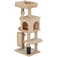 Albero per Gatti Multilivello Alto 104 cm con Casetta, Lettino, Pali Tiragraffi, Spazzola e Pallina, Beige