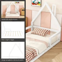 Letto Montessori a Forma di Casetta con Doghe in Legno, Letto per Cameretta per Bambini 4+ Anni, Senza Materasso, 90x200 cm, Bianco