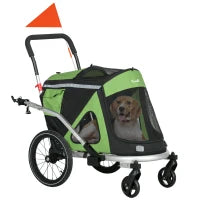 Rimorchio Bici e Passeggino per Cani 2 in 1 Pieghevole con Catarifrangenti e Bandierina, Verde