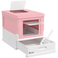 Lettiera per Gatti Chiusa in PP a 2 Porte con Paletta e Vassoio Estraibile, 47.5x35.5x36.7 cm, Rosa e Bianco