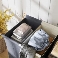 Cesto Portabiancheria Pieghevole a 3 Scomparti, in Bambù e Tessuto Effetto Lino, 75x48x67 cm, Multicolore