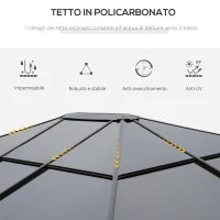 Gazebo da Giardino 3.6x3m con Tetto in Policarbonato Anti UV e Tende, Grigio