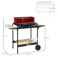 Barbecue a Carbonella con Griglia Regolabile e 3 Ripiani in Metallo Legno, 103x47x95 cm, Rosso