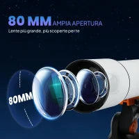 Telescopio Astronomico 80mm con Montatura AZ, 2 Lenti Oculari e Adattatore Smartphone, 92x92x130 cm, Bianco e Nero