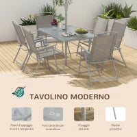 Set da Giardino con Tavolo da Pranzo, 6 Sedie Pieghevoli e Ombrellone a Manovella, Grigio